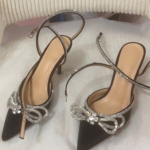 Elegant Black Stiletto Heels with Rhinestone Bow ◝(ᵔᗜᵔ)◜